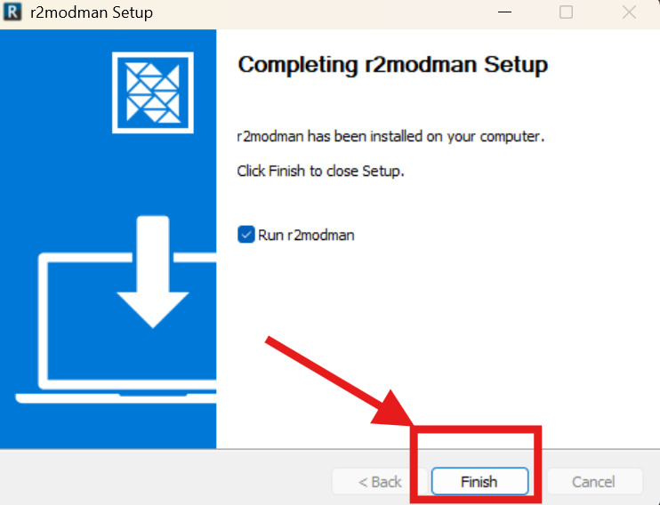R2ModMan installer finish screen with Run option enabled