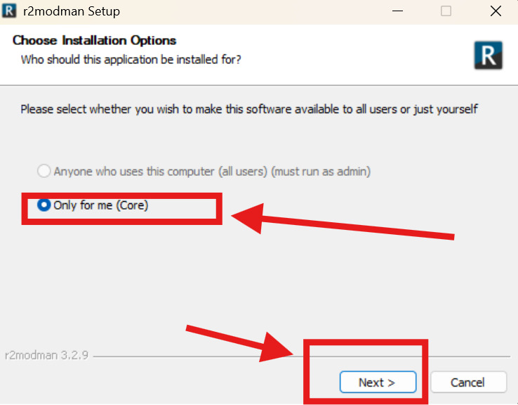 R2ModMan installer choosing per-user installation options
