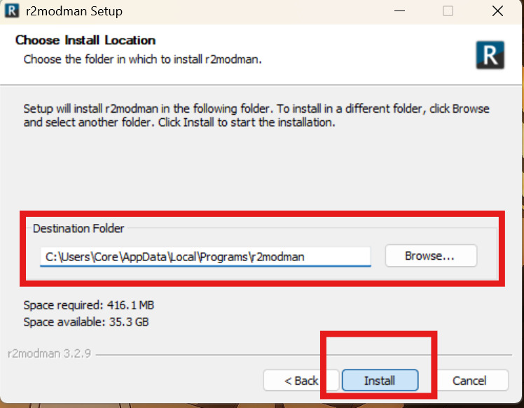 R2ModMan installer destination path screen ready to install