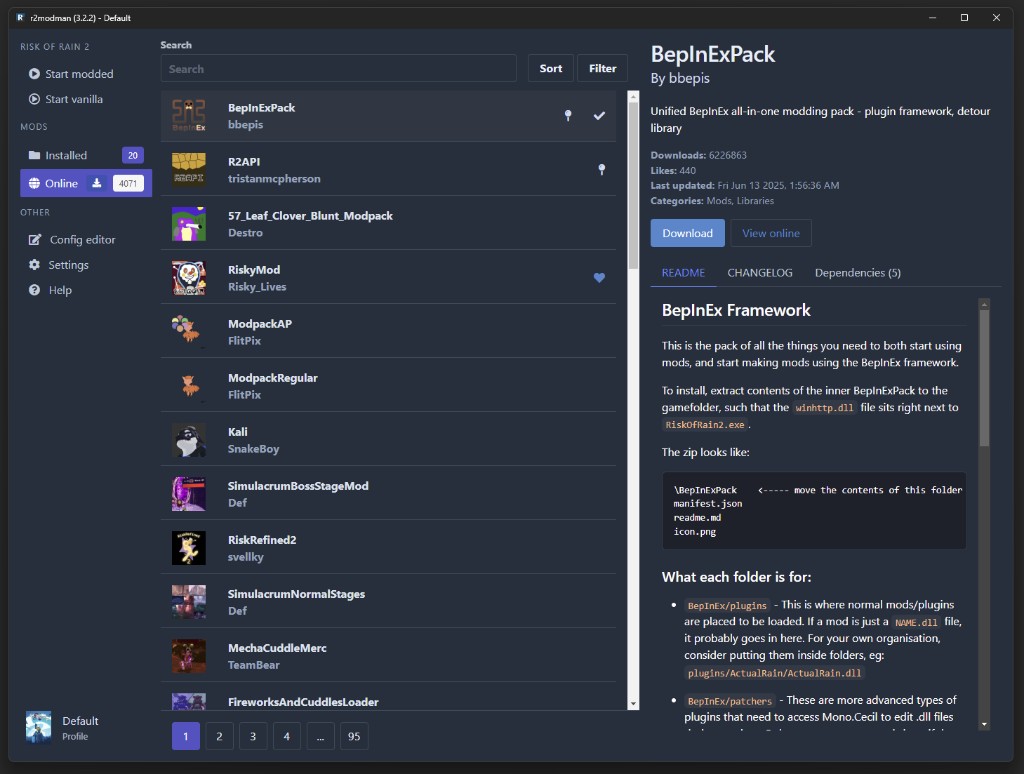 R2ModMan catalog view open on BepInExPack with download control