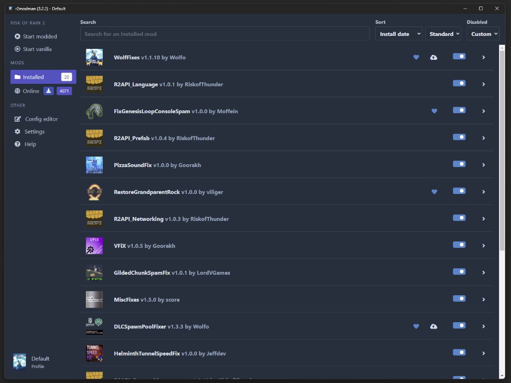 R2ModMan local mod list with enable switches and update indicators