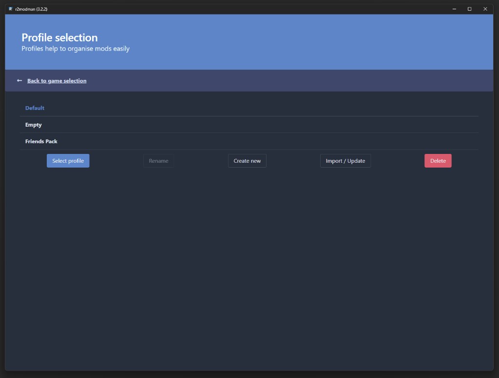 R2ModMan profile picker showing Default, Empty, and Friends Pack entries