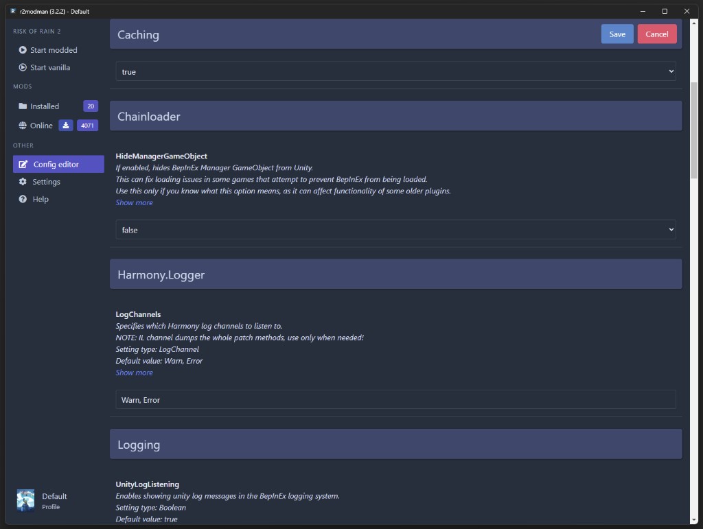 R2ModMan settings panel editing BepInEx cache and logging options