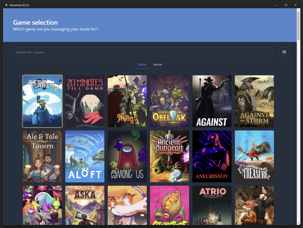 R2ModMan title picker grid listing supported Thunderstore games